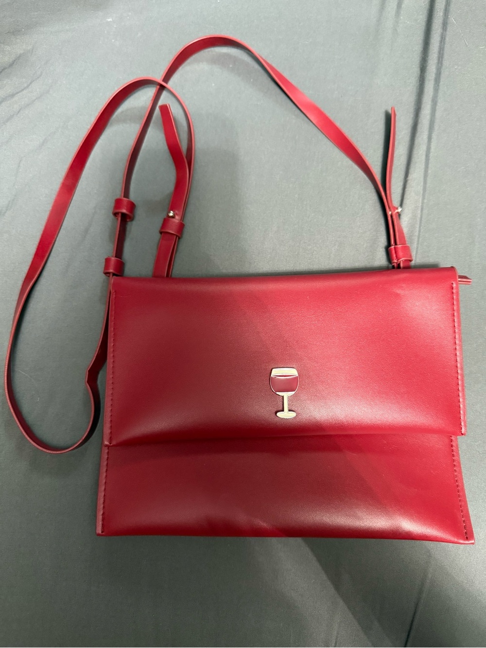 Red Leather like Crossbody Bag with Wine Glass Accent